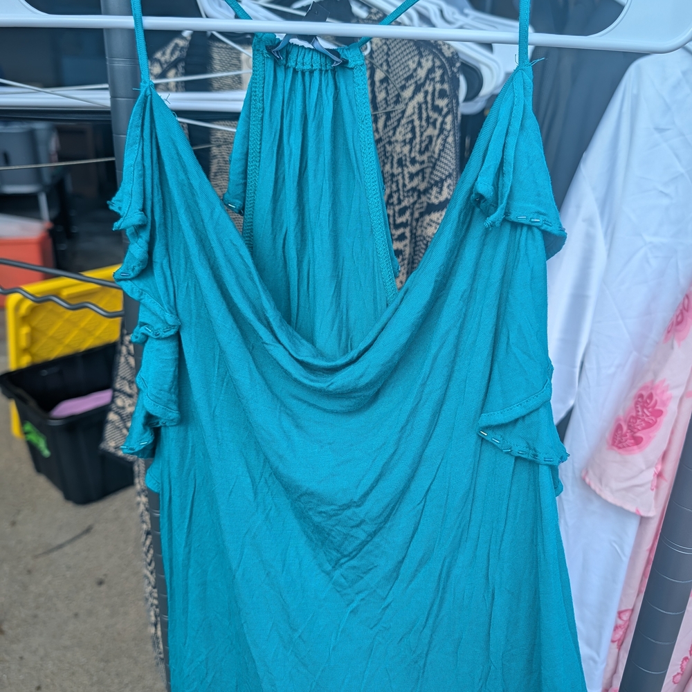 Express Teal Strappy Tank Top with Ruffle Accent